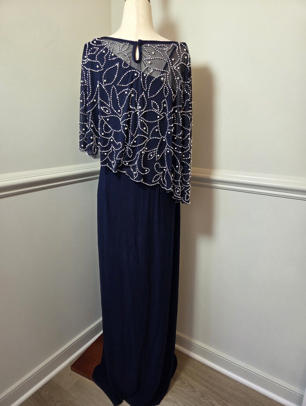 MSK Navy Embellished Cape Formal Gown Rhinestone Pearl Maxi Dress M - Picture 3 of 13